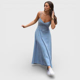Lux - Robe en Denim Bleu Sans Bretelles