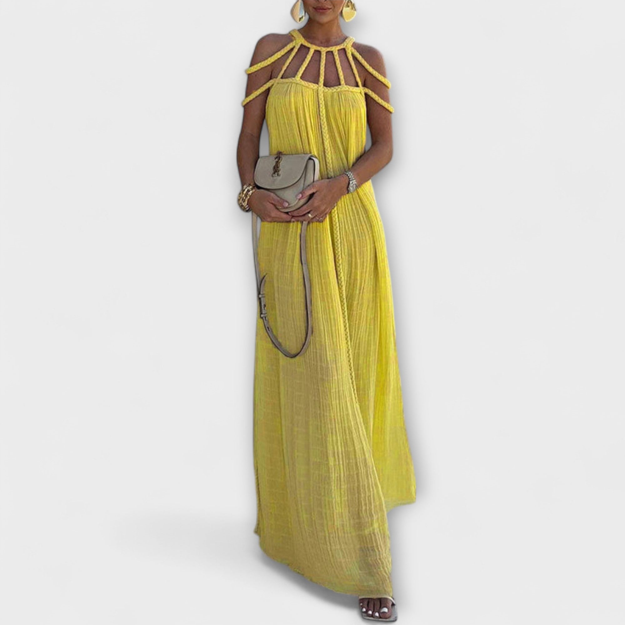 Briar - Une élégante robe maxi en tissu mélangé avec des tresses drapées