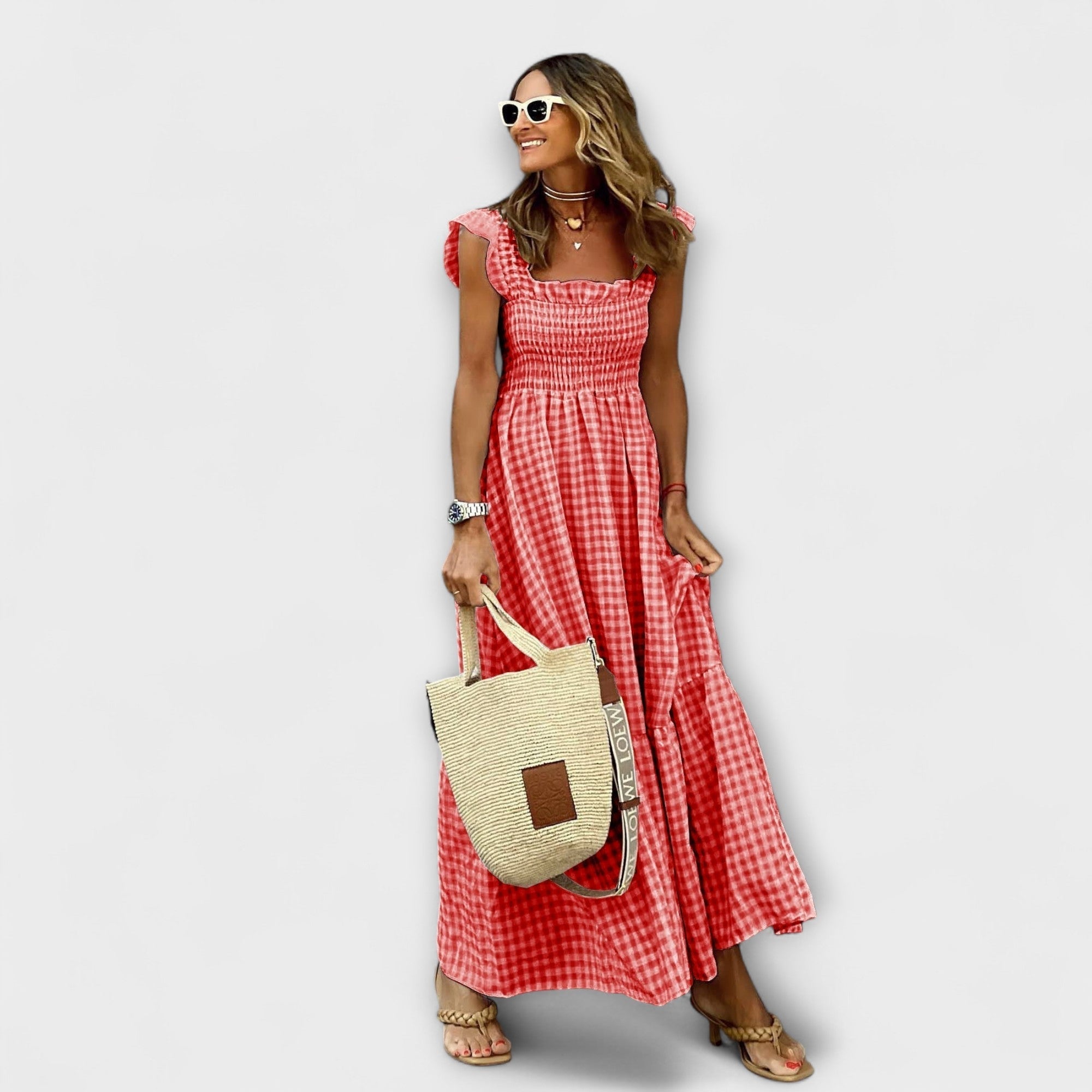 Robe maxi à carreaux avec manches volantées