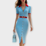 Sina - Élégant Robe Crayon en Côtelé Bleu Bébé