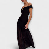 Maelie - Robe maxi bodycon sans bretelles avec ornements floraux