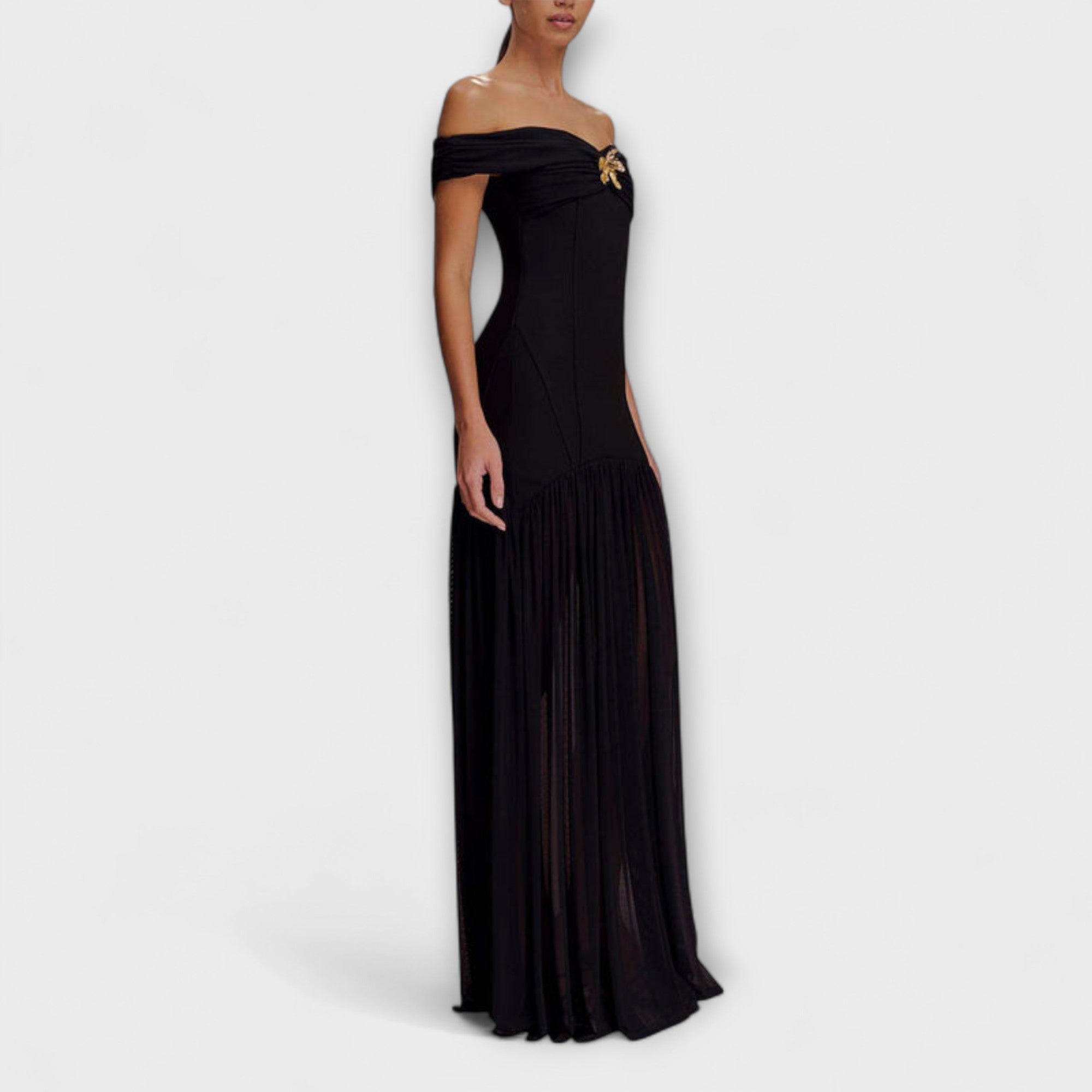 Maelie - Robe maxi bodycon sans bretelles avec ornements floraux