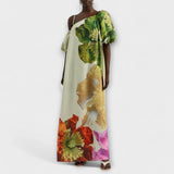 Skylar - Robe maxi à imprimé floral, col asymétrique et manches bouffantes