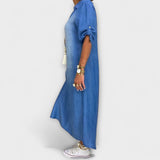 Lea - Robe Longue en Look Denim avec Fente Latérale