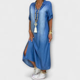 Lea - Robe Longue en Look Denim avec Fente Latérale