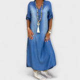 Lea - Robe Longue en Look Denim avec Fente Latérale