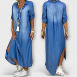 Lea - Robe Longue en Look Denim avec Fente Latérale