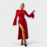 Willa - Robe midi à épaules dénudées avec des manches bouffantes froncées