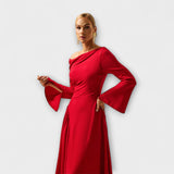 Willa - Robe midi à épaules dénudées avec des manches bouffantes froncées