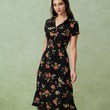 Glória - Robe Midi Noire Fleurie