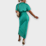 Sable - Robe Maxi Slim Fit en Satin à Décolleté en V avec Nœud Croisé