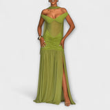 Nicole - Robe maxi à décolleté en V couleur olive