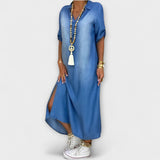 Lea - Robe Longue en Look Denim avec Fente Latérale