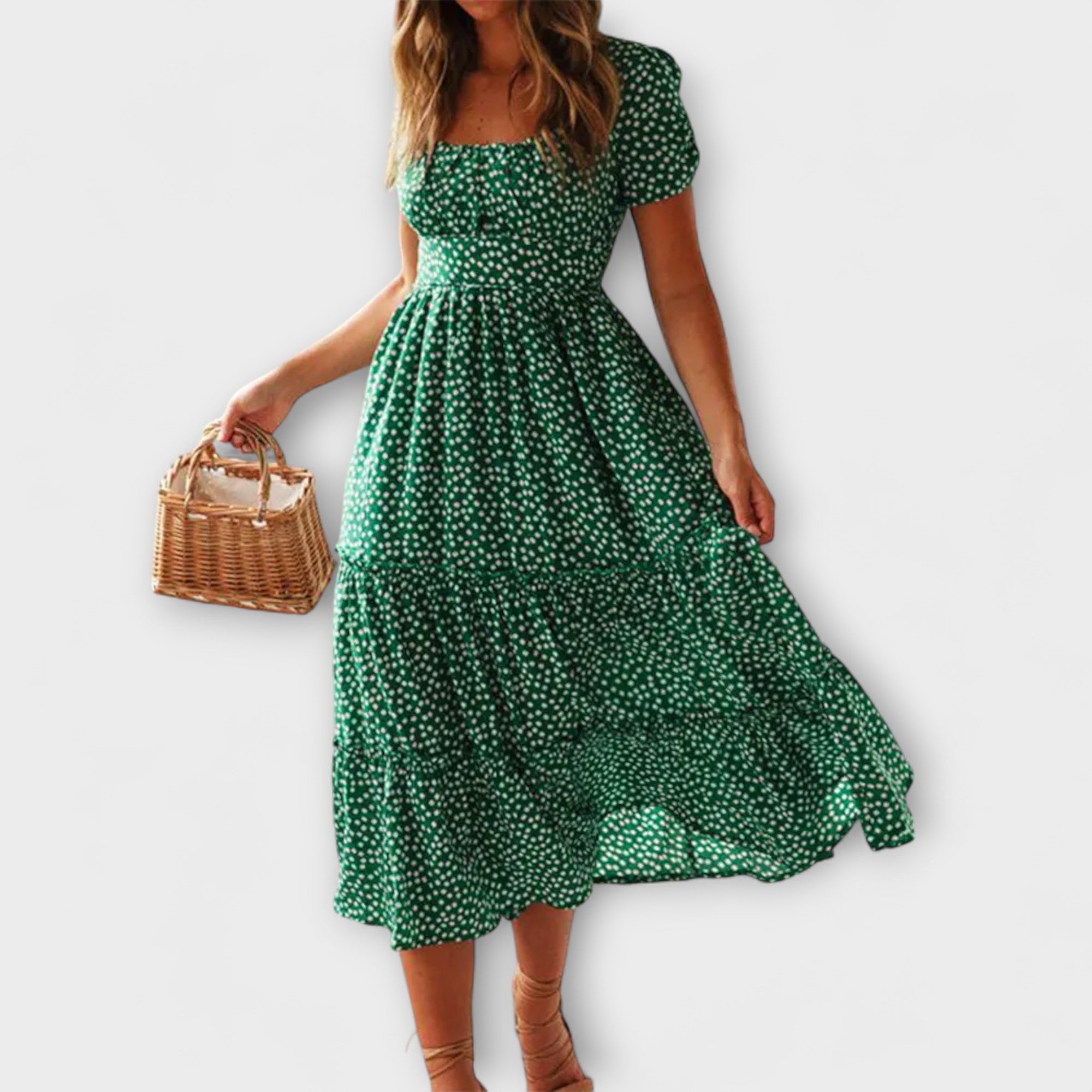 Robe maxi à manches bouffantes avec motif floral vintage