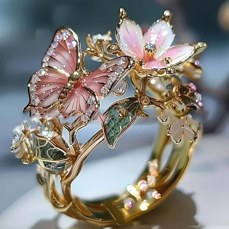Bague en papillon brillant en nature avec zircon