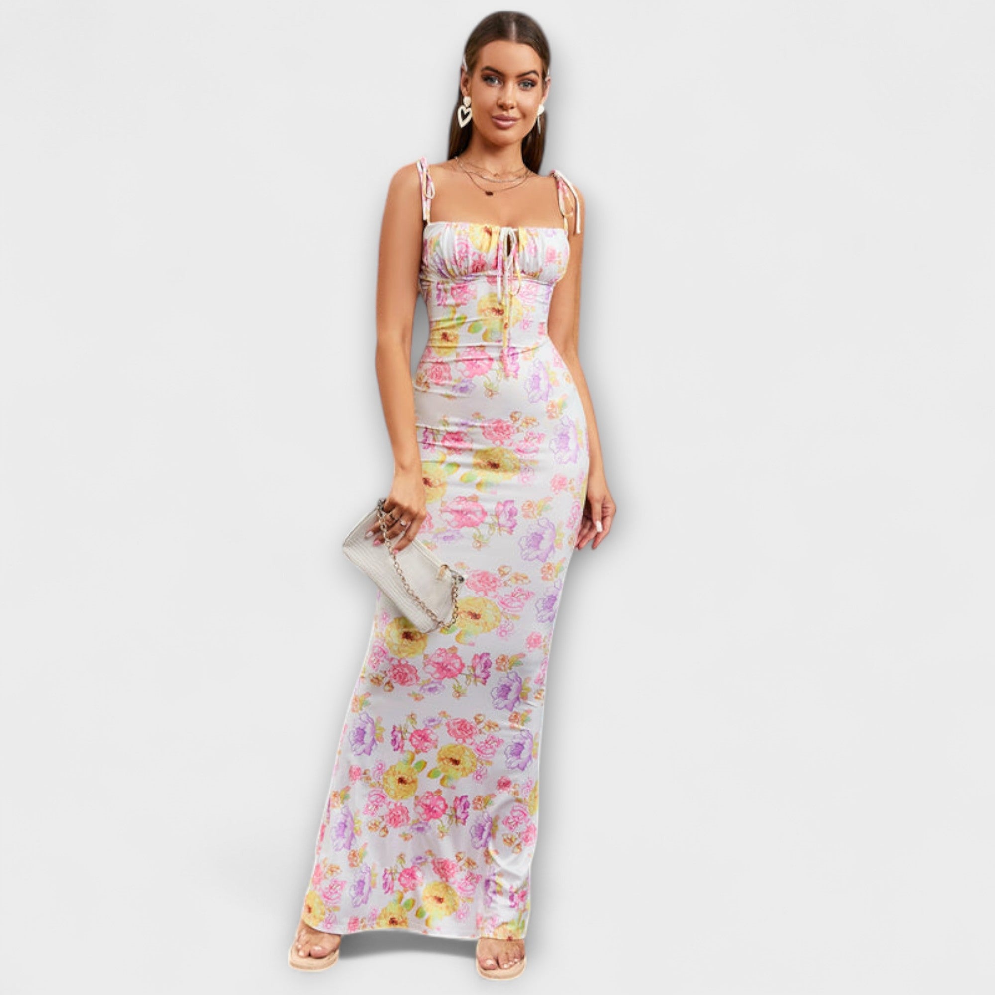Thalia - Robe de bal à imprimé floral avec bretelles nouées