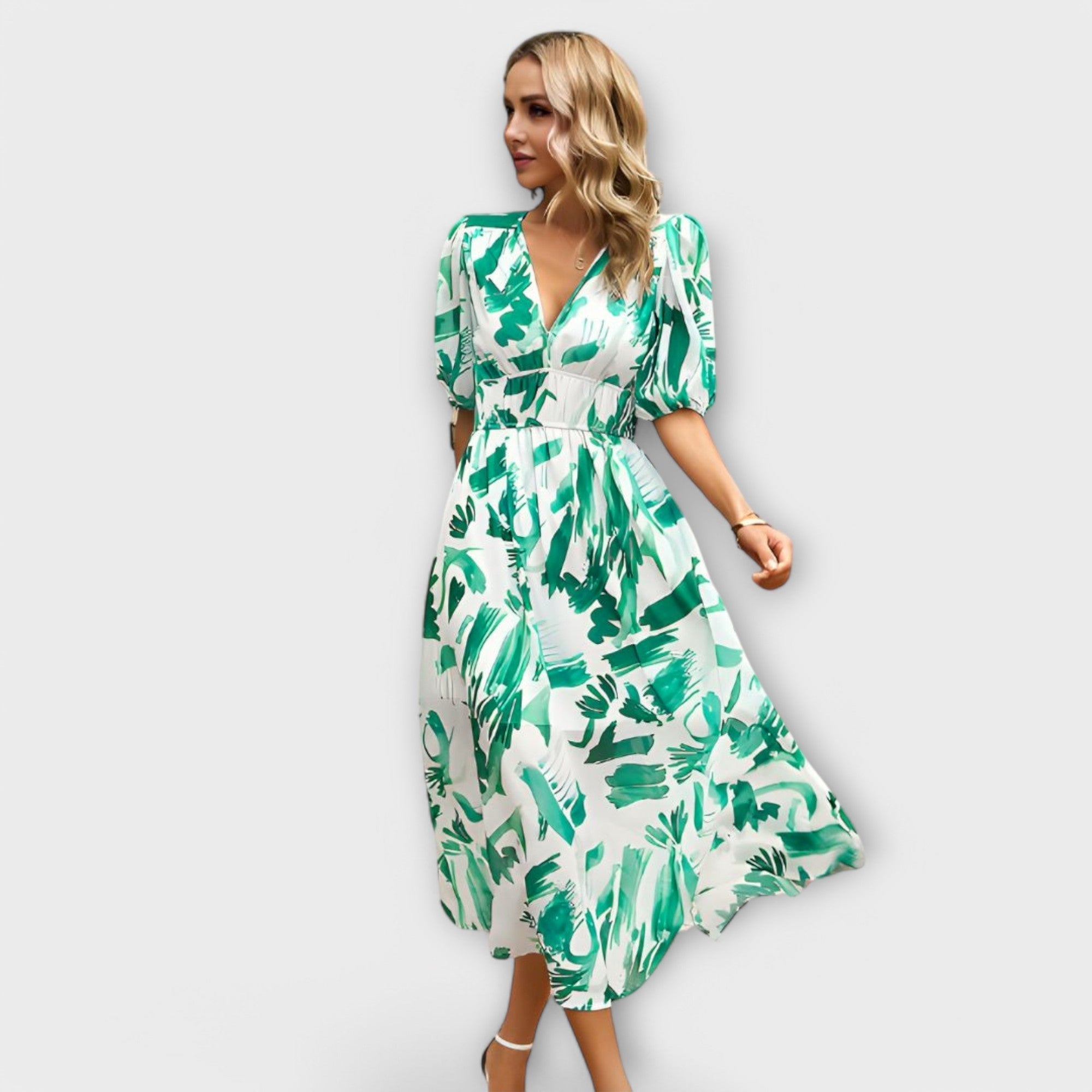 Robe Maxi Abstraite avec Manches Bouffantes