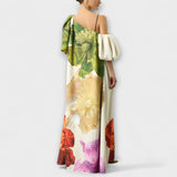 Skylar - Robe maxi à imprimé floral, col asymétrique et manches bouffantes