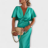 Sable - Robe Maxi Slim Fit en Satin à Décolleté en V avec Nœud Croisé