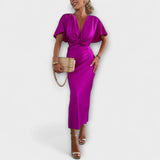 Sable - Robe Maxi Slim Fit en Satin à Décolleté en V avec Nœud Croisé