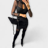 Stevie - Robe courte avec décolleté en filet pailleté et tissu extensible