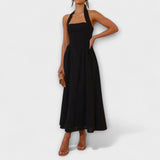 Lydia - Robe Halter Mi-Longue Noire avec Détail à la Taille