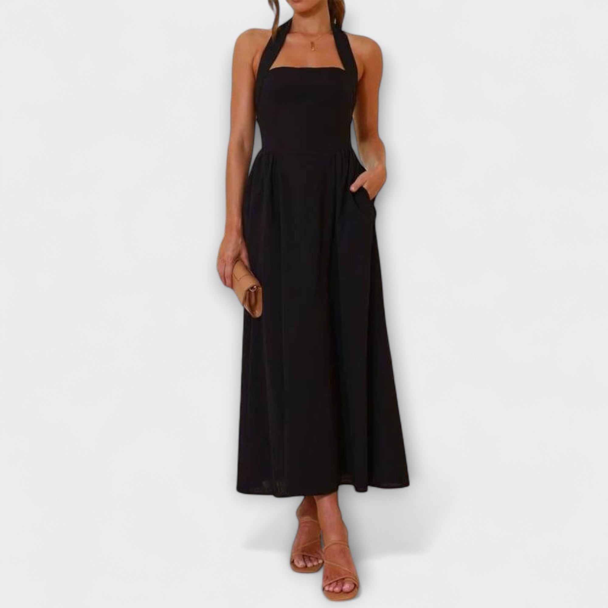 Lydia - Robe Halter Mi-Longue Noire avec Détail à la Taille