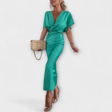 Sable - Robe Maxi Slim Fit en Satin à Décolleté en V avec Nœud Croisé
