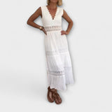 Ninfea Robe Midi Boho Sans Manches avec Détails en Dentelle