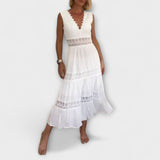 Ninfea Robe Midi Boho Sans Manches avec Détails en Dentelle