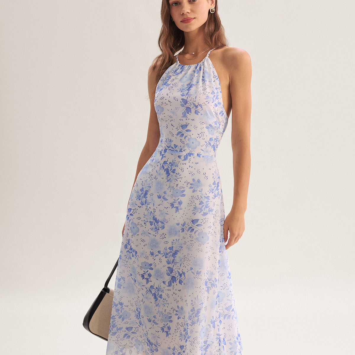 Clarice - Robe Midi Bleue Fleurie