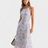 Clarice - Robe Midi Bleue Fleurie