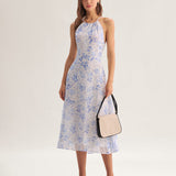 Clarice - Robe Midi Bleue Fleurie