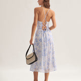 Clarice - Robe Midi Bleue Fleurie